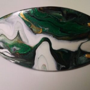 Surfboard Hair Barrette Hand Painted Green, Gold & White